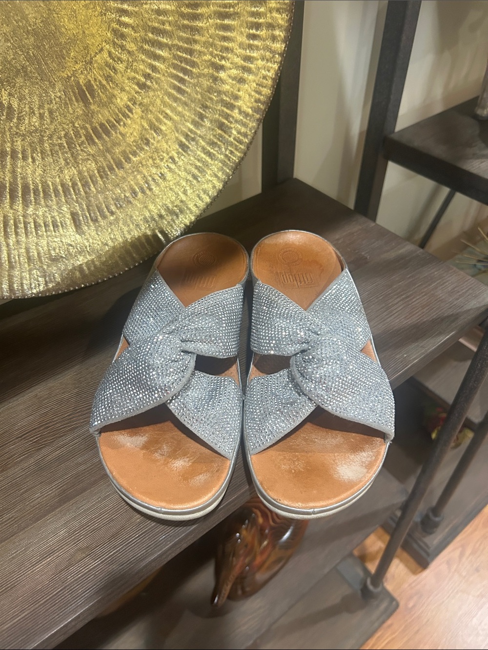Fitflops 8 Women's Silver Sparkle Knot Slide Sandals